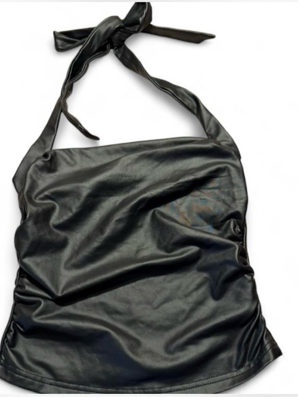 SHEIN Black Faux Leather Halter Tank Top Tie-Neck
